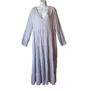 Striped‎ Maxi Dress Tiered Long Sleeve XXL V Neck Blue White Greece vacation
